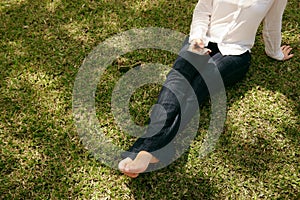 High Angle Woman Texting Mobile Phone Sitting Grass Park