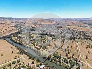 High angle XXL aerial drone view of the country town of Gundagai in New South Wales, Australia, along the Murrumbidgee River