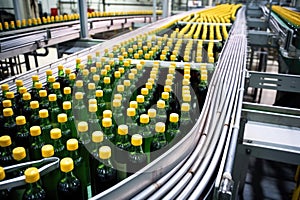 high angles of conveyor belts with unlabelled bottles