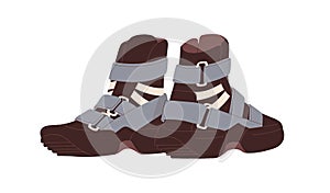 High-ankle footwear, trekking sneakers. Modern comfortable sport shoes with fasteners. Sportive footgear design. Pair of photo