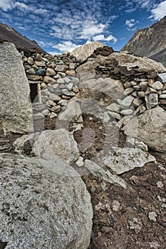 In the high areas of the Karakoram Mountains, especially in the passes with more greenery, you can see sheepfolds