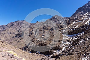 High Atlas Mountains in Morocco.  Road to Toubkal in Toubkal National Park