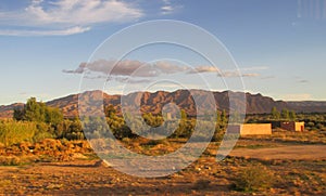 High Atlas mountains view in Morocco at sunset light