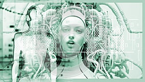 High biological symmetrical close-up portrait shoot in monochrome, thick fluid, an elegant female Robot.Cyborg made