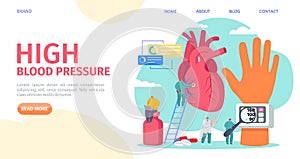 High blood pressure measuring, landing vector illustration. Cardiology disease, tonometer medical equipment. Doctor