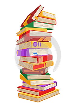 High book stacks or pile. Library textbooks and school literature heaps, dictionaries. Bookstore advertise. Cartoon