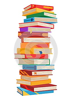 High book stacks or pile. Library textbooks and school literature heaps, dictionaries. Bookstore advertise. Cartoon