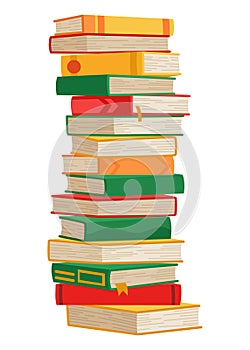 High book stacks or pile. Library textbooks and school literature heaps, dictionaries. Bookstore advertise. Cartoon