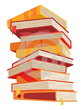 High book stacks or pile. Library textbooks and school literature heaps, dictionaries. Bookstore advertise. Cartoon