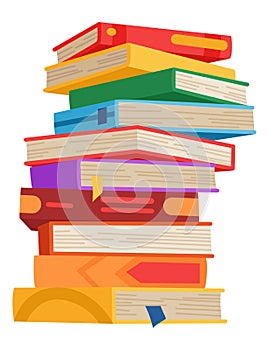 High book stacks or pile. Library textbooks and school literature heaps, dictionaries. Bookstore advertise. Cartoon