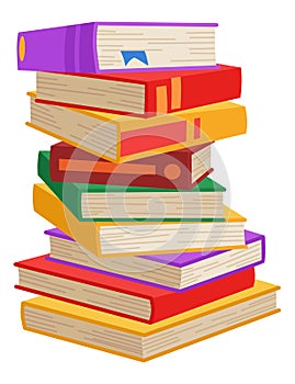 High book stacks or pile. Library textbooks and school literature heaps, dictionaries. Bookstore advertise. Cartoon