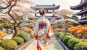 A high-born Asian woman in a festive kimono walks slowly through a blooming Japanese garden