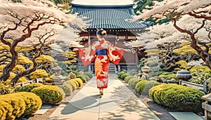 A high-born Asian woman in a festive kimono walks slowly through a blooming Japanese garden