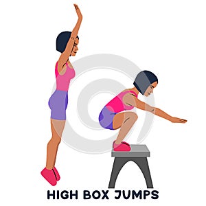 High box jumps. Sport exersice. Silhouettes of woman doing exercise. Workout, training photo