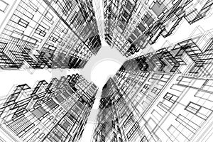 High building structure architecture abstract, 3d illustration,architecture drawing