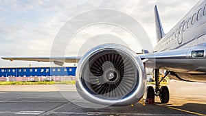 High-bypass turbofan aircraft engine, installed on modern passenger jet aircraft