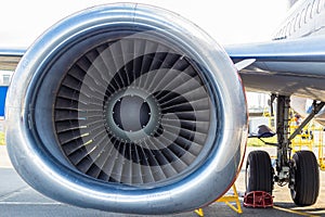 High-bypass turbofan aircraft engine, installed on modern passenger jet aircraft