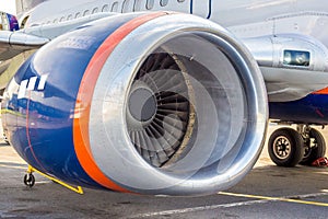 High-bypass turbofan aircraft engine, installed on modern passenger jet aircraft