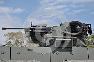 A high calibre machine gun coupled to a remotely controlled weapon fire system