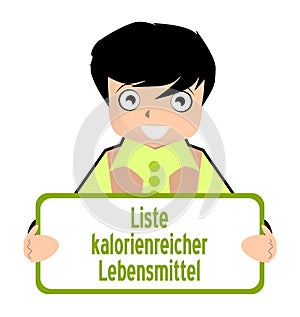 High calorie food list, german, nutrition, boy, isolated.