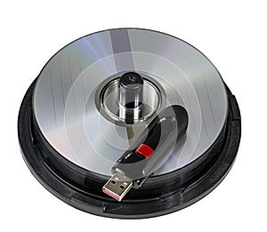 High-Capacity USB Flash Drive On Stack of CD Discs