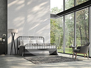High ceiling loft bedroom with nature view 3d render photo