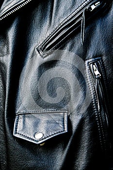 High contrast black leather biker jacket detail
