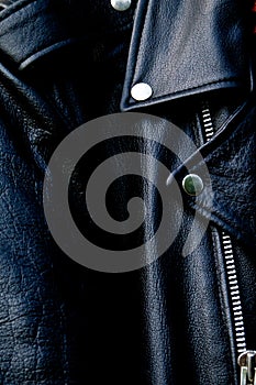 High contrast black leather biker jacket up close