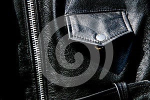 High contrast black leather jacket detail