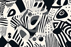 High-contrast black and white abstract background with bold geometric patterns, sharp lines, and a