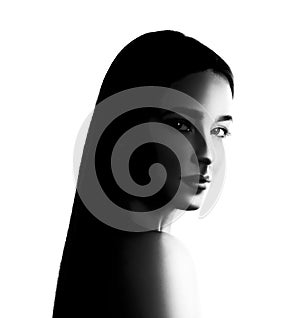 High contrast black and white portrait of young woman