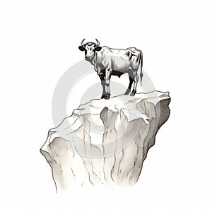 High Contrast Illustration Of Bull On Rock: Editorial Ink Wash Art