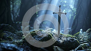 High contrast image of Excalibur, sword in the stone with light rays and dust specs in a dark forest.