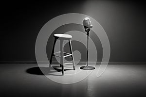 high contrast image of a stand up comedy stage with a microphone and a stool