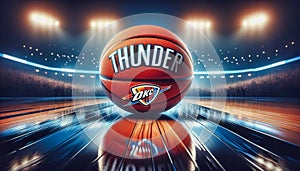 A high-contrast image of a Thunder-themed basketball on a glossy hardwood floor.