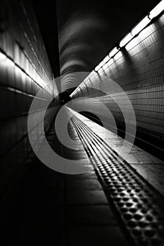 High contrast monochrome shot of a tunnel with converging lines and light at the end.