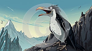 High-contrast Realism: Cartoon Bird On Cliff With Mountain Scenery