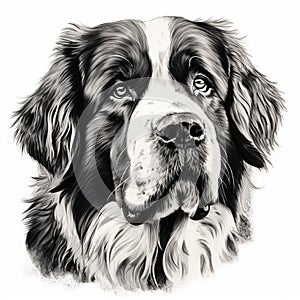 High Contrast Stencil Art: Alert And Gentle Saint Bernard Dog