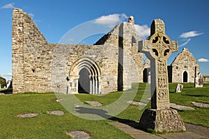High Cross of the scriptures and cathedral. Clonmacnoise. Ireland