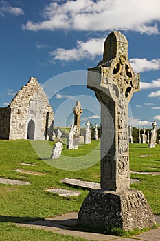 High Crosses and temple. Clonmacnoise. Ireland photo