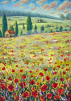 high cypresses, field of red poppies, old village houses, road, mountains and blue sky illustration artwork art