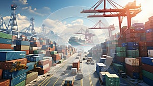 A high-definition image capturing a bustling logistics hub where trucks, cargo ships, and airplanes come together, symbolizing the