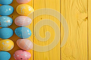 High-definition image of a festive Easter egg border on a yellow wood background. Concept Easter,