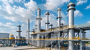 Modern Industrial Complex with Sleek Chimneys and Safety Railings