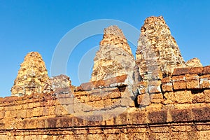 High-definition image showcasing the towers of the famous Eastern Mebon, an age-old medieval Khmer structure in Cambodia