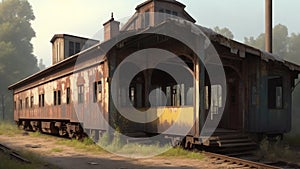 A high-definition painting of a vintage, abandoned train station