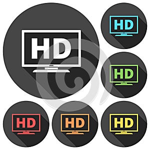 High definition television symbol, HDTV icons set with long shadow