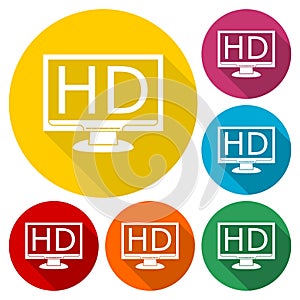 High definition television symbol, HDTV icons set with long shadow