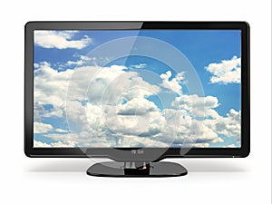 High Definition TV with cloud sky on screen.