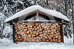 Firewood Stacked Under a Snow-Covered Shelter in Winter Woodland